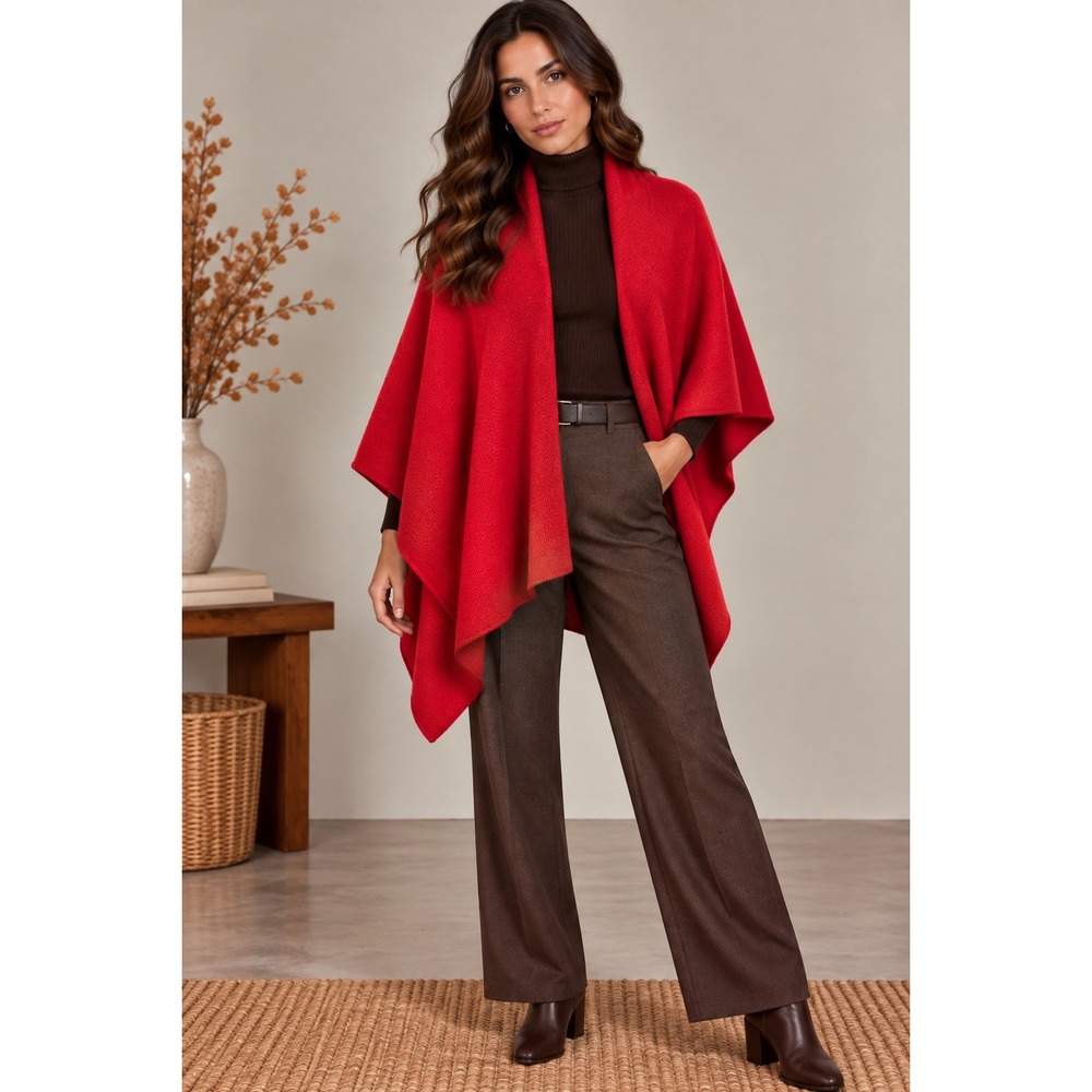 Peruvian Alpaca Blend Red Knit Shawl Wrap Poncho Cape Ruana with Horn Toggle Pin